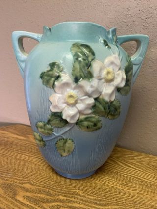 Vintage Roseville Pottery White Rose Blue Vase 991 - 12