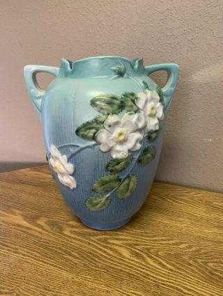 Vintage Roseville Pottery White Rose Blue Vase 991 - 12 2