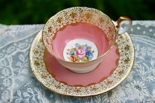 Pink Aynsley J.  A.  Bailey Rose Bouquet Heavy Gold Filigree Cup Saucer C991