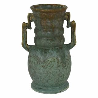 Roseville Pottery Carnelian Ii Mottled Matte Green Handled Vase 312 - 8