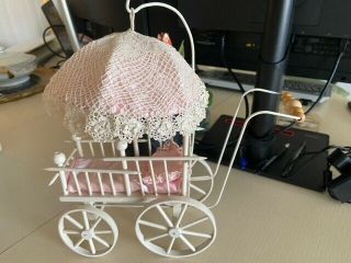 Vinatage Baby Carriage Pram Buggy Stroller W/ Lacy Parasol Pink For Doll Display