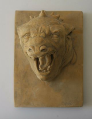 Mcmahon Gargoyle Face Or Grotesque Folk Art Sculpted Tile Wall Hanger Artist