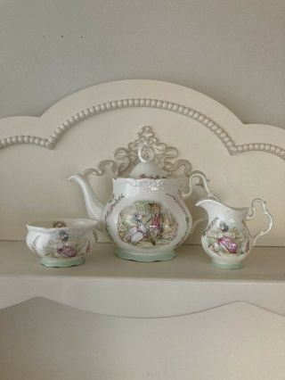 Royal Albert Beatrix Potter Teapot,  Sugar Bowl & Creamer With Green Trim