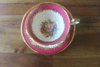 Aynsley J A Bailey Rose Poppy Bouquet Burgundy Gold Tea Cup Teacup Saucer