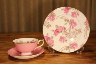 Aynsley Elizabeth Rose Teacup & Saucer Athens Pink Cup Plate Tableware Set Trio