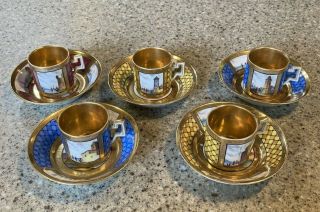 5 Royal Vienna Porcelain Demitasse Cup & Saucers Gold Gilt / Gold Wash
