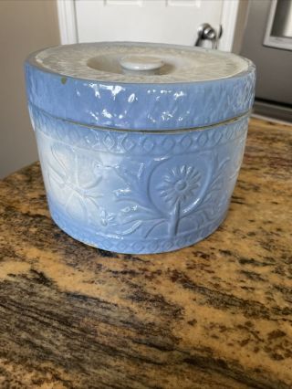 Dragonfly Antique Stoneware Blue & White Covered Crock Rare Butter