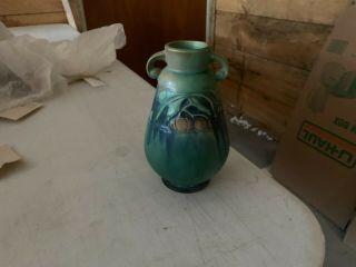 Roseville Pottery Green Baneda Handled Vase 6 3/8 " High With Sticker