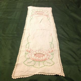 Vintage 38 X 12 " Hand Embroidered Dresser Scarf Table Runner Water Lily