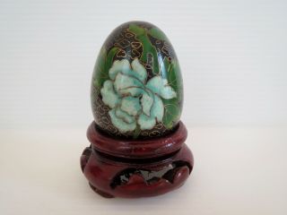 Antique Vintage Cloisonne Enamel Decorated Egg On Wood Display Green Flowers