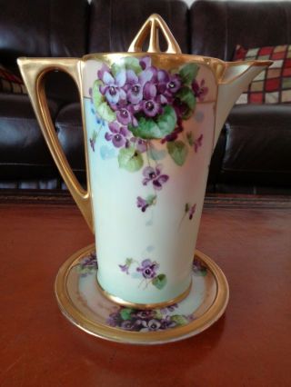 Bavaria Chocolate Tea Pot & Limoges Trivet,  Handpainted Violets,  " Schindler "