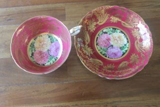 Paragon Chrysanthemums Burgundy Gold Teacup Tea Cup Saucer black pink yellow 2
