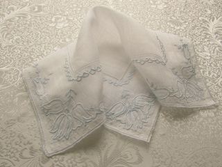 Vintage White Wedding Hankie With Blue Embroidery And Cut & Thread Work