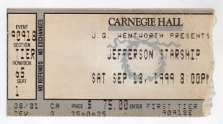 Rare Jefferson Starship 9/18/99 Nyc Ny Carnegie Hall Ticket Stub Airplane
