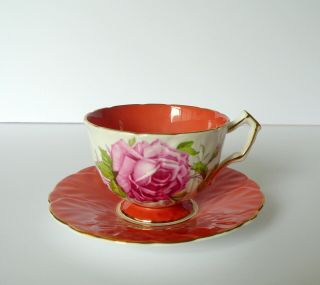 Aynsley Orange Pink Cabbage Rose Bone China Tea Cup & Saucer Set