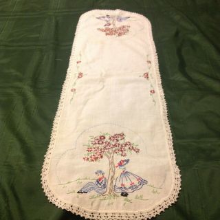 Vintage 37 " X12 " Hand Embroidered Dresser Scarf Table Runner Couple Under Tree