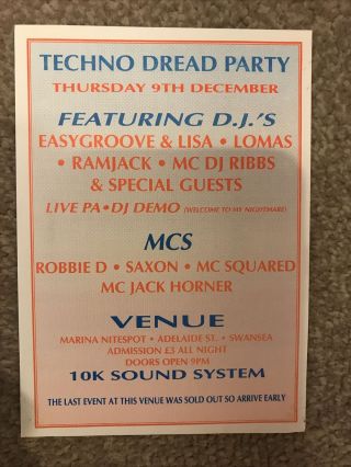 Techno Dread Party Rave Flyer A6 09/12/?? Marina Nitespot Swansea