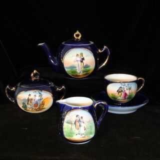Rare German Childs Porcelain Flow Blue Figural Tea Set Courtship Courting C1900