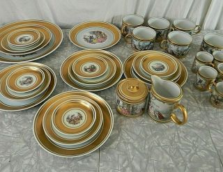 Fragonard Courting Couple Porcelain Dinnerware Rococo Plates Cups Gilt 6 Scenes