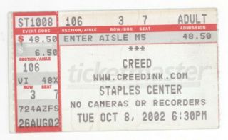 Rare Creed 10/8/02 Los Angeles Ca Staples Center Ticket Stub