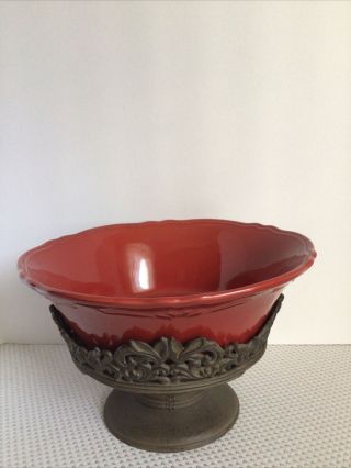 Chris Madden For Jc Penney - Foret Corvella Red Stoneware Bowl And Pedestal Base
