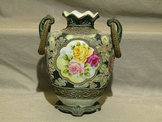 Moriage Nippon Hand Painted Roses On Green Double Ring Handles Vase 8.  5 "