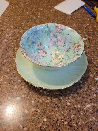 Shelley Melody Chintz Green Oleander Gold Teacup Tea Cup Saucer Pink Flowers