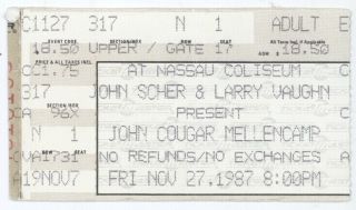 Rare John Cougar Mellencamp 11/27/87 Nassau Coliseum Concert Ticket Stub