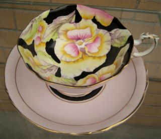 C.  1939 Double - Warrant Paragon Pink On Black Vibrant Pansies Tea Cup Saucer Set