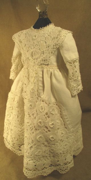 Vintage Doll Dress For 17 " - 18 " Bisque Doll - White Linen W/irish Crochet Lace
