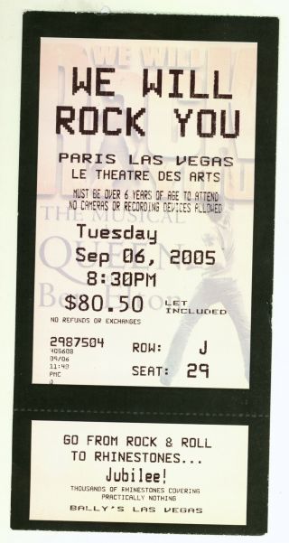 Rare Queen We Will Rock You 9/6/05 Las Vegas Ballys Tribute Show Ticket Stub