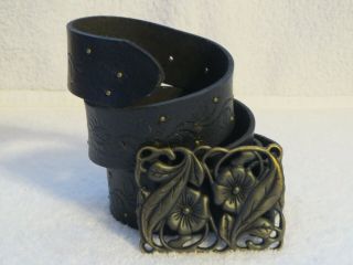 Vintage Fossil Leather Black Tooled Belt With Open Bronze Flower Buckle 35 - 39