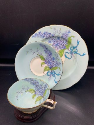 Paragon China Blue Lilac Trio Set - Plate - Cup - Saucer - Blue Bow/ribbon 5