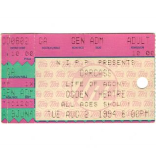 Carcass & Life Of Agony Concert Ticket Stub Denver Co 8/2/94 Heartwork Tour Rare