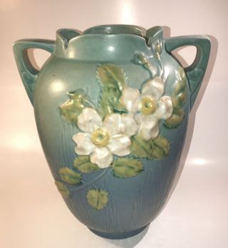 Roseville Pottery White Rose Ciel Blue Vase 991 - 12”