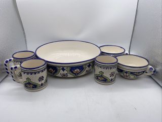 Le Souk Ceramique 12” Serving Bowl Set 3 Mugs 2 Soup Bowls Tunisia Hand Painted