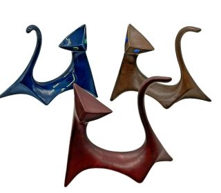 Three Royal Dux Mid Century Cat Figurines - Gloss Blue Matte Brown And Matte Red