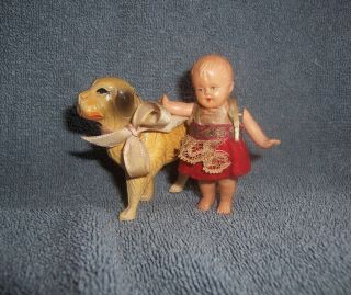 CUTE Antique Vintage Celluloid DOG & GIRL TODDLER Doll Pair 3 