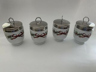Royal Worcester Christmas Holly Ribbons Egg Coddlers Four England Rare