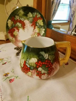 Limoges Hand Painted Currant Berry Lemonade Pitcher Charger Set,  Artist Signed