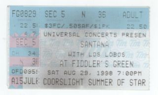 Rare Santana & Los Lobos 8/29/98 Denver Co Concert Ticket Stub Carlos