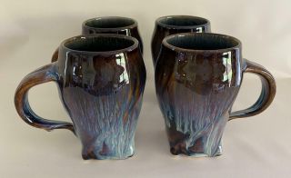 Bill Campbell Signed Studio Art Drip Pottery Medium Set Of 4 Coffee Mugs