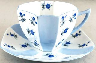 Rare Shelley Blue Charm Tea Cup & Saucer Queen Anne Light Blue Panels & Flowers