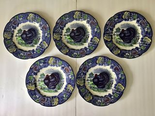 Wood’s Burslem England - Ralph Enoch Blue Turkey 10.  5” Dinner Plates - Set Of 5