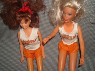 (2) Barbie Dolls With Hooters Outfits Orange Shorts & White 