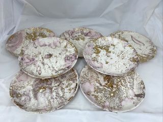 Sascha Brastoff Surf Ballet Pink Gold Set Of 7 Bread Or Dessert Plates Mcm 6.  75”