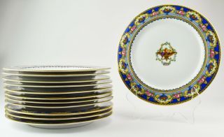 Set Of 12 9.  25” Selb Bavaria Black Knight Blk11 Lunch Plates Roses W/ Fruit Sb54