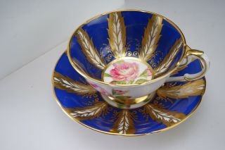 Fine Paragon Deep Blue & Gold Feather Tea Cup & Saucer W/ Pink Rose