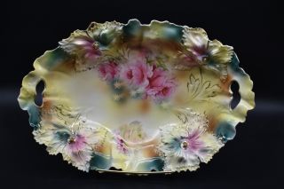 Rs Prussia German Carnation Mold 28 Cabbage Rose Gold 13 " Bun Tray Green Pink