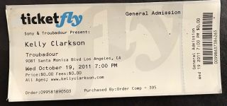 Kelly Clarkson Concert Ticket Troubadour Los Angeles October 2011